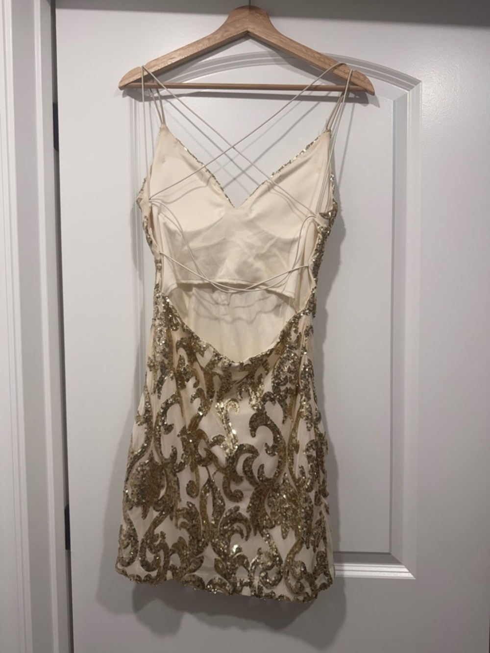 Gold Sequin Embellished Cream Party Dress - Picture 2 of 3